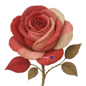 Puede incluir: Una rosa de tela detallada en tonos rojos, rosas y beige. Los pétalos tienen texturas variadas, incluyendo lunares y encaje. La rosa está sobre un tallo marrón con hojas verde-marrón. Diseño de AI Lover Design.