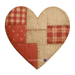 May include: A heart-shaped patchwork design featuring various fabrics in red, beige, and cream. The design includes gingham, polka dots, and plaid patterns, stitched together with visible seams. The text "by AI Lover.Design" is visible at the bottom.