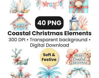 Watercolor Coastal Christmas Clipart – 40 Nautical PNGs (Digital Download)