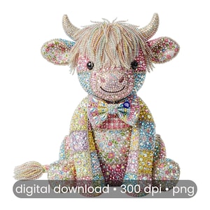 May include: A bejeweled Highland cow ornament with a patchwork design. The cow features a colorful array of rhinestones, a bow tie, and a digital download graphic at the bottom. The figurine is sitting down.