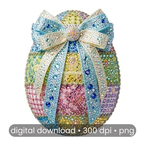 Könnte beinhalten: Ein dekoratives Ei, bedeckt mit bunten Stoffflicken und mit Strasssteinen verziert. Eine große Schleife mit blauen und klaren Strasssteinen ziert die Oberseite. Der Text "digital download • 300 dpi • png" befindet sich unten.