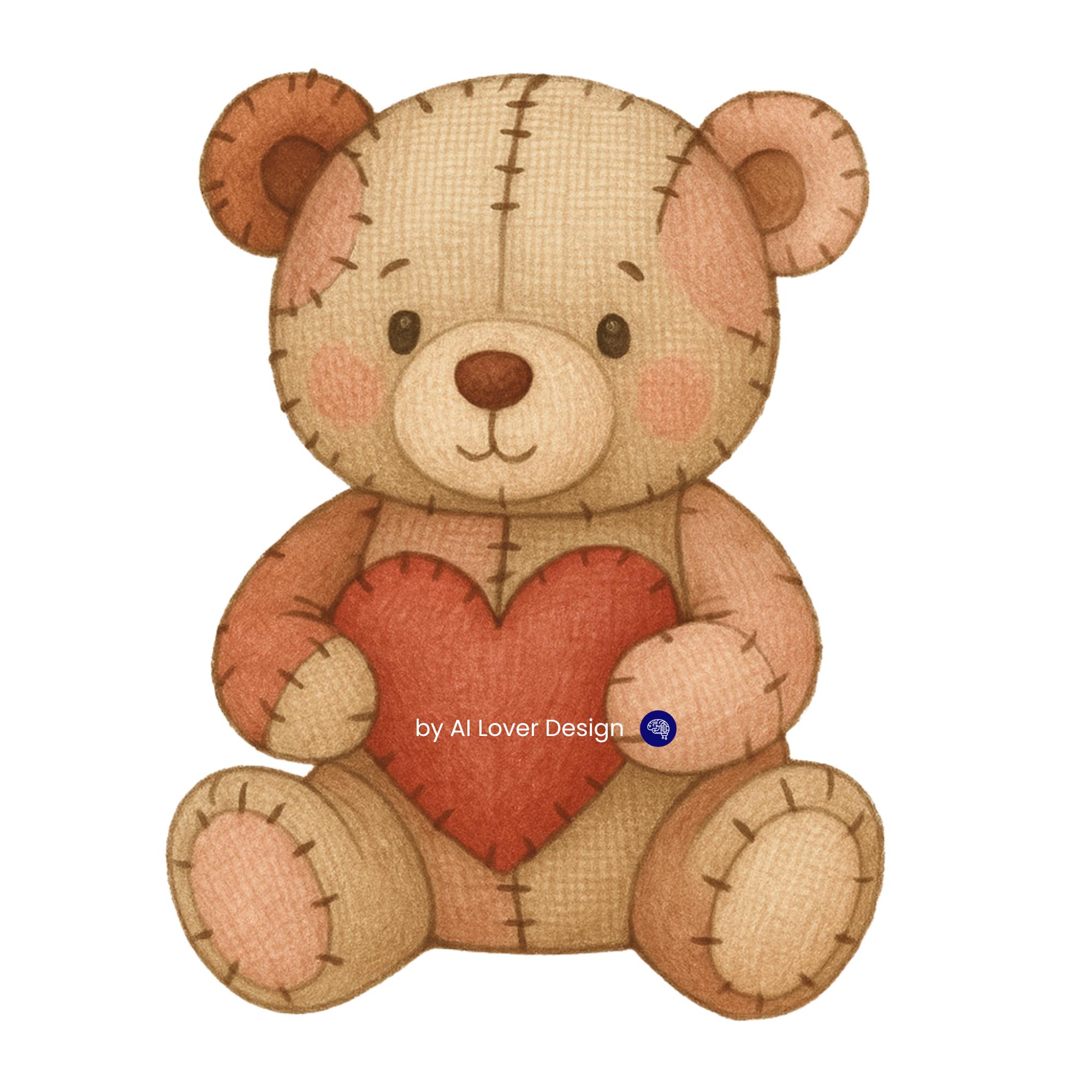 Vieux Ours En Peluche Avec Bavoir - Tissu Rose Shabby - Jouet Enfant - Fabrication France