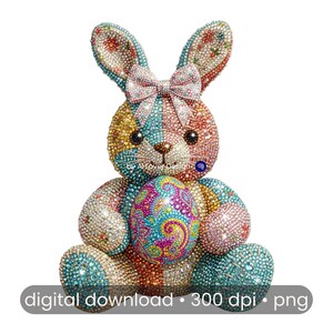 Könnte beinhalten: Eine farbenfrohe, mit Juwelen besetzte Osterhasenfigur, die ein gemustertes Ei hält. Der Hase hat eine Schleife und ist mit Strasssteinen in verschiedenen Farben verziert. Das Bild enthält den Text "digital download • 300 dpi • png".