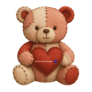 May include: A plush teddy bear with a patchwork design in shades of pink, red, and beige. The bear is holding a red heart and has stitched details. The bear's design includes the text "by AI Lover Design".