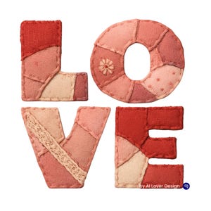 Può includere: Un design patchwork con la parola "LOVE" in tonalità di rosso, rosa e crema. Le lettere sono realizzate con pezzi di tessuto cuciti insieme, con un dettaglio floreale sulla lettera "O". Il design è su sfondo bianco.