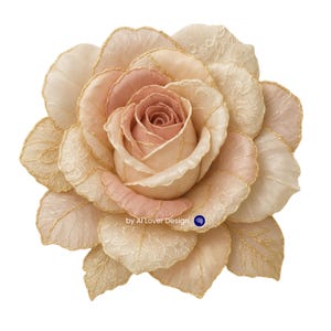May include: A large fabric rose in peach and cream hues, with intricate lace detailing and gold stitching. The petals create a textured, three-dimensional effect. A decorative floral piece, ideal for embellishment or display.