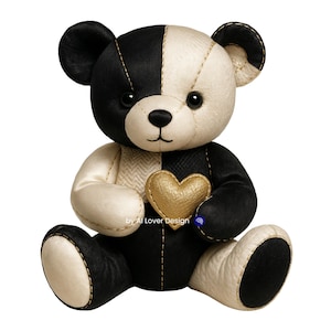 May include: A plush teddy bear in black and cream, holding a gold heart. The bear is split down the middle, with one side black and the other cream. The bear's features include black eyes and a black nose.