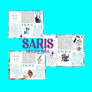 Könnte beinhalten: Drei Aktivitäts-Tischsets mit Disney-Figuren aus Frozen, Moana und Lilo & Stitch. Jedes Tischset enthält ein Tic-Tac-Toe-Raster, ein Suchsel, eine Malaktivität und ein Labyrinth. Der Text "SARIS PAPELERIA SOCIAL MOANA" ist ebenfalls sichtbar.