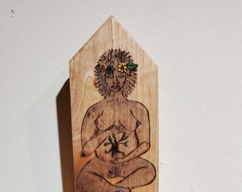 Woodburned Earth Mother Wall Shrine with Copper Incense Burner