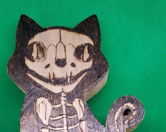 Wooden Skelekitty Cat Skeleton Sculpture, Creepy Gothic Home Decor