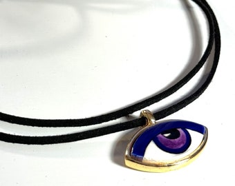 Gold Plated Handmade Ceramic Eye Pendant Choker Necklace