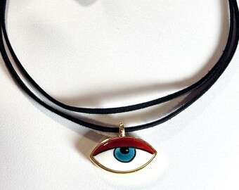 Gold Plated Handmade Ceramic Eye Pendant Choker Necklace