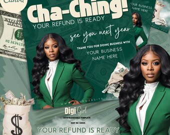 Cha-Ching! Your Refund is Ready Tax Bundle, Books Now Template, Editable Templates and Flyers, TAX Flyers, Thank You Card, editable template