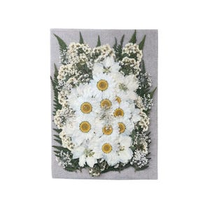 May include: A pressed flower art piece featuring a bouquet of white daisies with yellow centres, surrounded by smaller white flowers and green leaves, on a grey textured background.