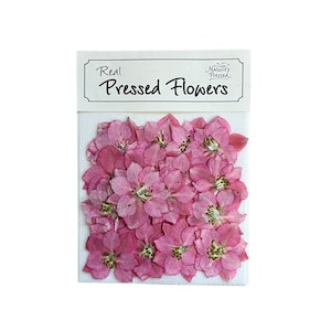 May include: A package of real pressed pink flowers. The package is labeled "Real Pressed Flowers" and has a small logo that says "Nature's Press".