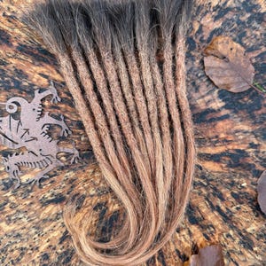 Puede incluir: Un conjunto de extensiones de cabello con múltiples rastas que presentan una base de color marrón oscuro que transiciona hacia un tono marrón rojizo más claro en las puntas. Las rastas tienen una apariencia texturizada y mate.