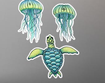 Sea Turtle & Jellyfish Vinyl Decals: Ocean Lover Stickers