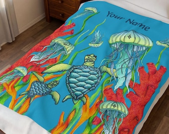 Ocean Turtle & Jellyfish Velveteen Plush Blanket, Personalized Name Undersea Throw