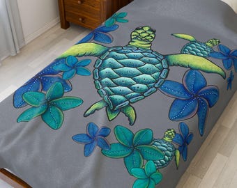 Turtles and Flowers Velveteen Blanket: Soft Plush Throw