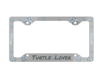 Turtle Lover License Plate Frame, White Aluminum Car Decor, Animal Art Accessory