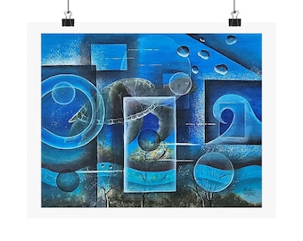 Abstract Blue Ocean Geometric Matte Horizontal Poster | Surreal Wave Turtle Artwork