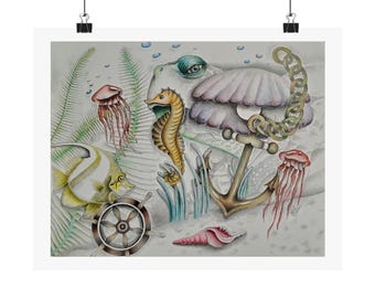 Underwater Nautical Sea Life Matte Horizontal Poster | Seahorse Anchor Jellyfish 11" x 14" with border