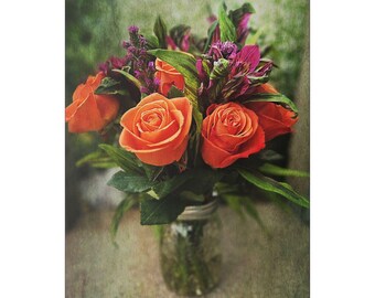 Orange Rose Bouquet Canvas | Floral Wall Art, Vertical Stretched Canvas 12"x24" or 16"x20"