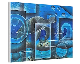Blue Abstract Geometric Ocean Waves - Turtle Printed Canvas 16 x 12