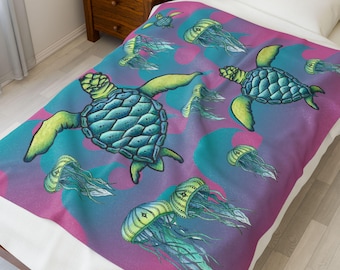 Turtle and Jellyfish Soft Throw Blanket Gift For Mom Gift for Turtle Lover Gift