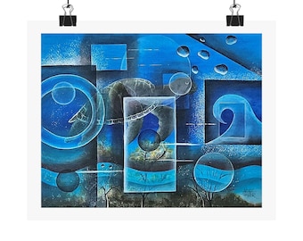 Abstract Blue Ocean Geometric Matte Horizontal Poster | Surreal Wave Turtle Artwork 10 x 8