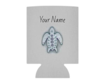 Sea Turtle Illustration Can Cooler | Coastal Drink Hugger, Beach Beverage Sleeve