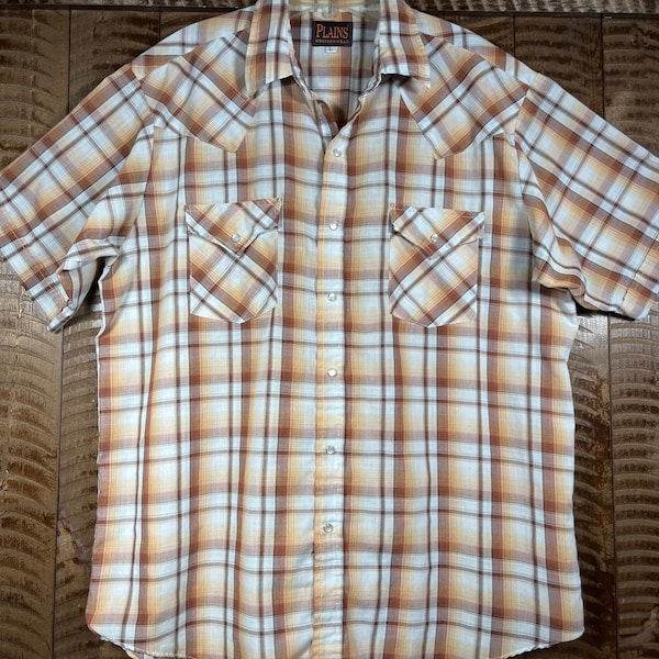 Plains Mens Large Short Sleeve Plaid Snap Button Shirt