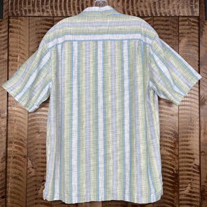 May include: Short-sleeved button-down shirt with a vertical striped pattern in white, light blue, and green. The shirt is hanging on a hanger against a wooden background. The back of the shirt is visible.
