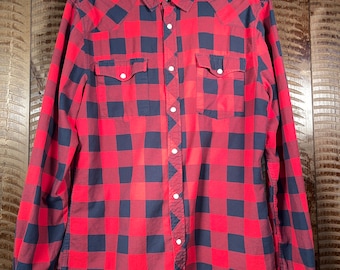 Western Snap Button Long Sleeve Plaid Button Down Shirt Large