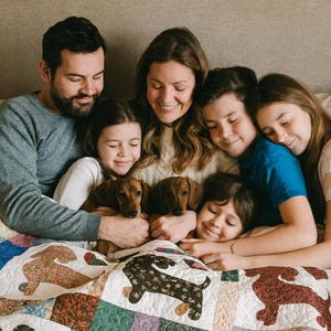 Pu&ograve; includere: Una famiglia di sette persone, tra cui due cuccioli di bassotto, si coccola su un letto. La trapunta presenta un design patchwork con sagome di cani e forme di cuore. La scena &egrave; calda e accogliente, con un'illuminazione soffusa.