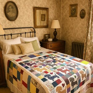 Pu&ograve; includere: Una trapunta patchwork colorata con sagome di cani bassotti, posta su un letto con lenzuola bianche e cuscini decorativi. Il design della trapunta include quadrati di diversi colori e motivi, creando un'estetica accogliente e artigianale.
