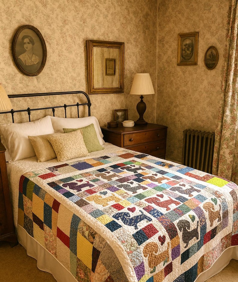 Pu&ograve; includere: Una trapunta patchwork colorata con sagome di cani bassotti, posta su un letto con lenzuola bianche e cuscini decorativi. Il design della trapunta include quadrati di diversi colori e motivi, creando un'estetica accogliente e artigianale.
