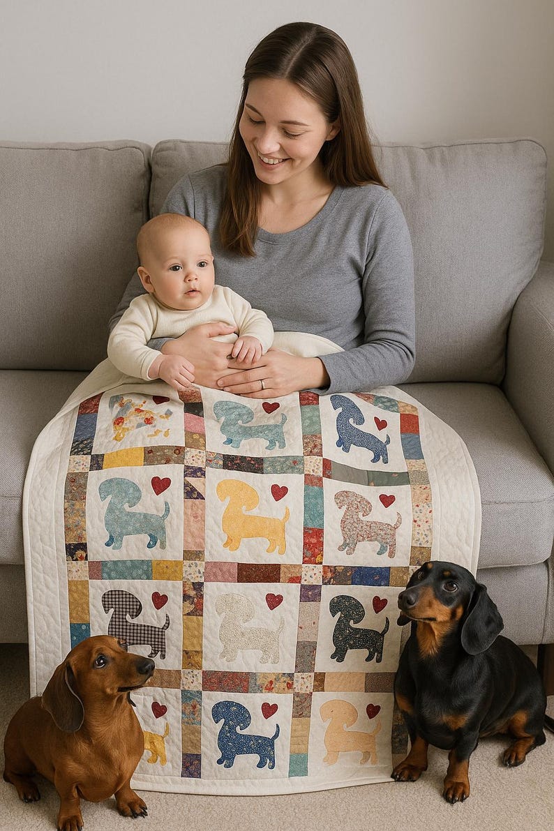 Original Trademarked Heirloom Dachshund & Hearts Patchwork Quilt – One-of-a-Kind Treasure Crib