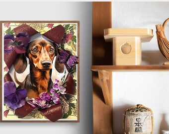 Dachshund Floral Canvas Art, 3D Butterfly Print