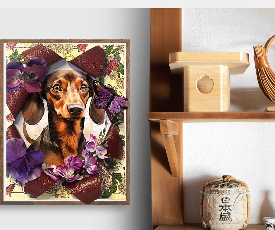Bursting Canvas Art Piece Artist Painter Dachshund with floral background, silk butterfly, purple pansies and maroon interior canvas