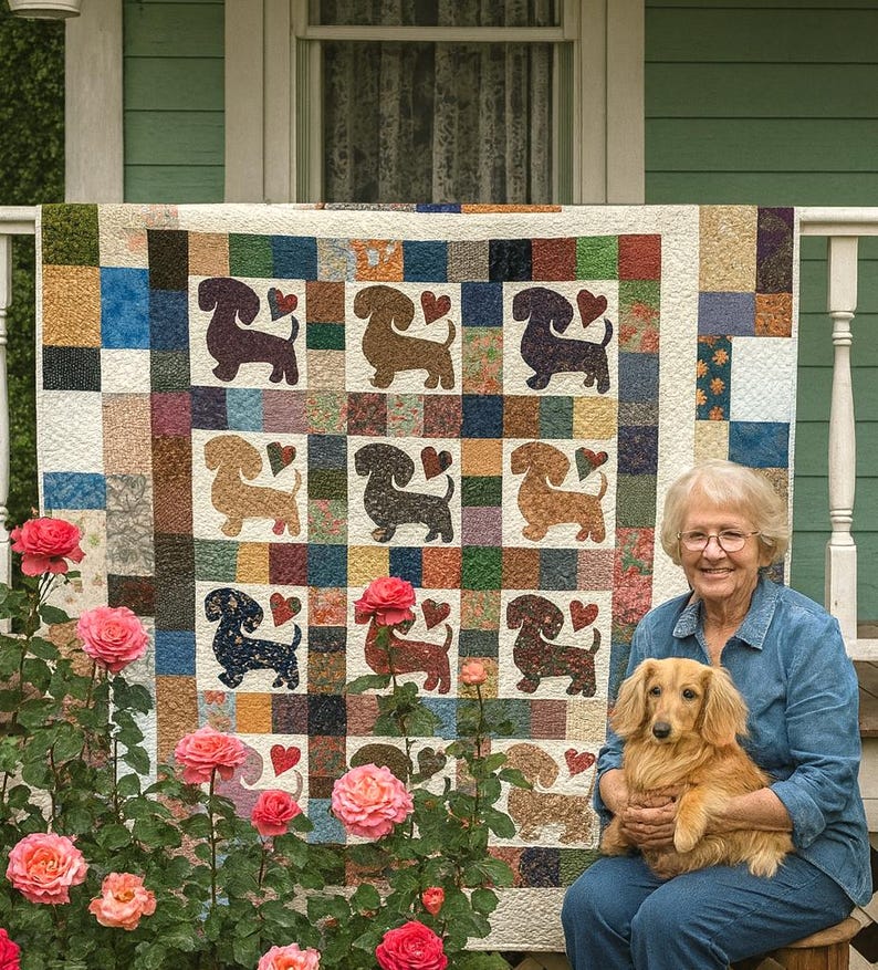 Pu&ograve; includere: Una trapunta fatta a mano con sagome di cani bassotto e cuori. La trapunta presenta un design patchwork con quadrati di vari colori e motivi. Una donna e un cane sono in primo piano, davanti alla trapunta.