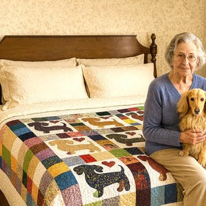 Pu&ograve; includere: Una colorata trapunta con disegni di cani bassotto in vari colori, tra cui nero, beige e marrone, con dettagli a cuore. La trapunta &egrave; su un letto con testiera in legno e cuscini bianchi. La trapunta misura circa 203 cm x 152 cm.