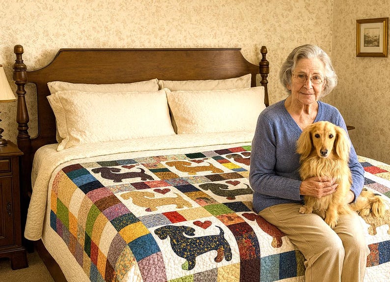 Pu&ograve; includere: Una colorata trapunta con disegni di cani bassotto in vari colori, tra cui nero, beige e marrone, con dettagli a cuore. La trapunta &egrave; su un letto con testiera in legno e cuscini bianchi. La trapunta misura circa 203 cm x 152 cm.