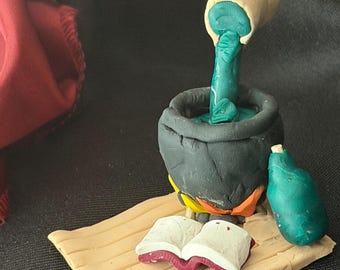 Hand-Sculpted Polymer Clay Potion Scene | Wizard Inspired Miniature Cauldron Sculpture