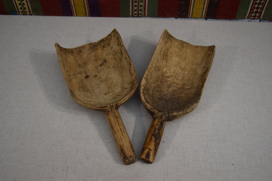 Antique Wooden Grain Scoop Wooden Ladle Hand Carved Scoop Set of 2