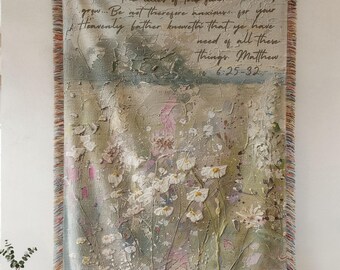 Consider the Lillies Woven Blanket for Home Decor; Bible Verse Christian Tapestry; Matthew 6:28 Scripture Wall Art; Floral Faith Throw