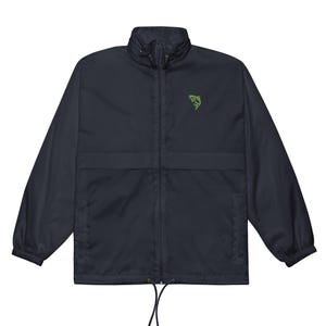 May include: Navy blue windbreaker jacket with a stand-up collar, front pockets, and a drawstring hem. A green fish logo is embroidered on the left chest. The jacket has a full-length zipper and long sleeves.