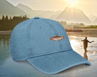 Trout Embroidered Denim Hat – Adjustable Baseball Cap for Anglers & Nature Lovers – 3 Colors