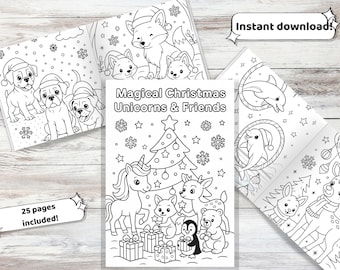 Może przedstawiać: Kolorowanka zatytułowana "Magical Christmas Unicorns & Friends" z ilustracjami jednorożców, szczeniąt, lisów, delfinów i innych zwierząt w świątecznym motywie. Tekst na okładce brzmi "Magical Christmas Unicorns & Friends". Książka zawiera 25 stron.