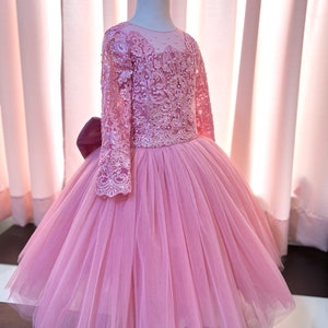 May include: A pink tulle dress with long sleeves and a lace bodice. The dress has a bow on the back and is perfect for a special occasion.